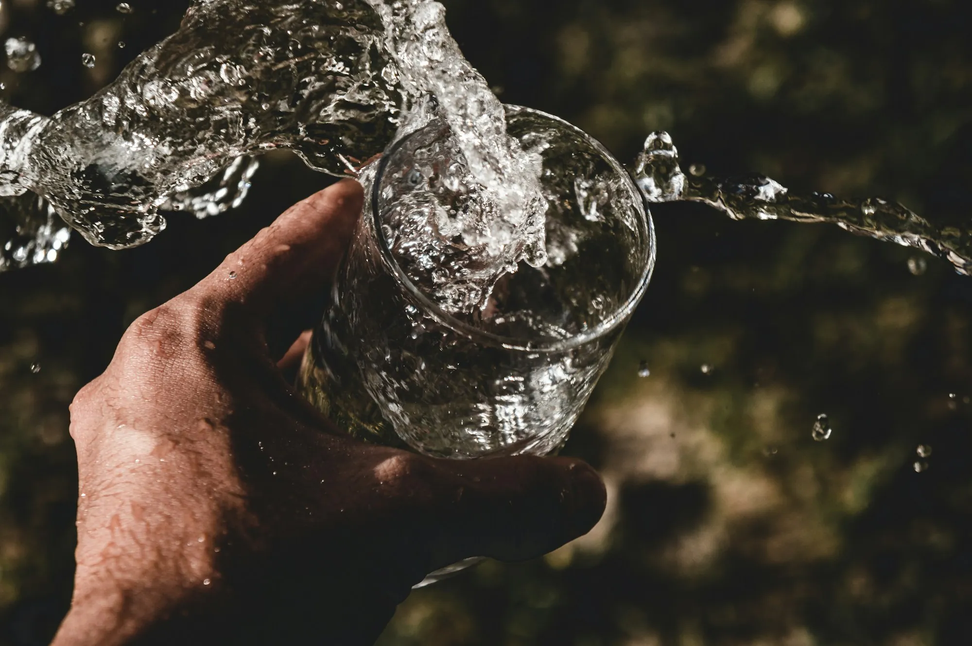 Person holding a glass of water up to the light